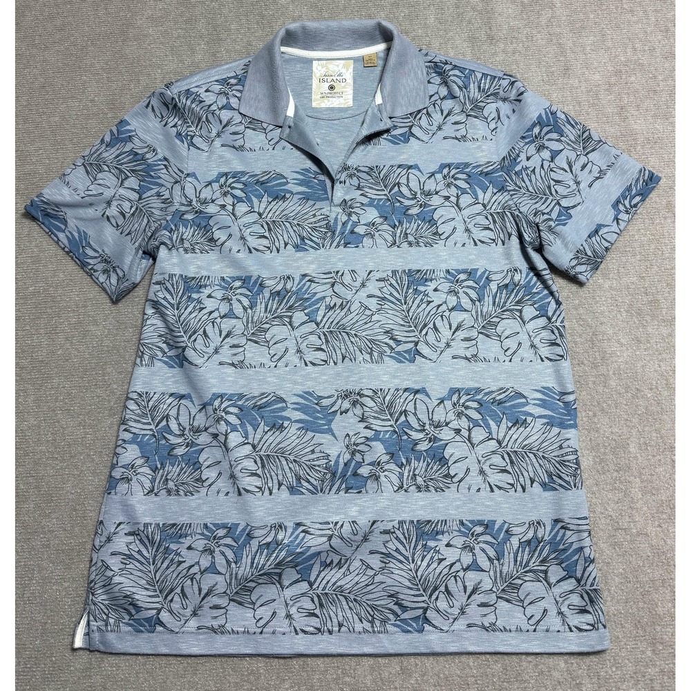 Tasso Elba Island Polo Shirt Mens Medium Gray Blue Floral Tropical UPF Golf Vaca